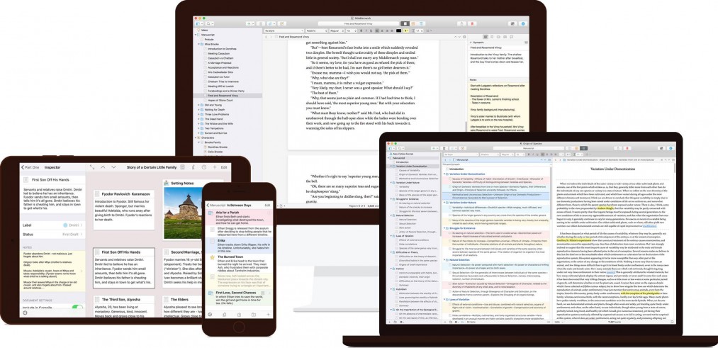 Scrivener on four different screens