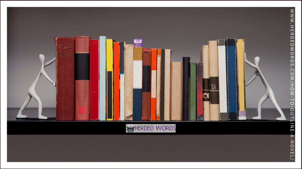 A bookshelf filled with books and people as bookends