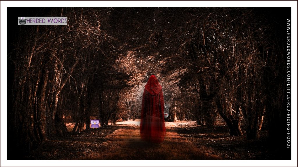 a woman in a red cape in a forest