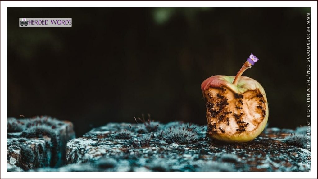 a rotten apple being eaten by ants