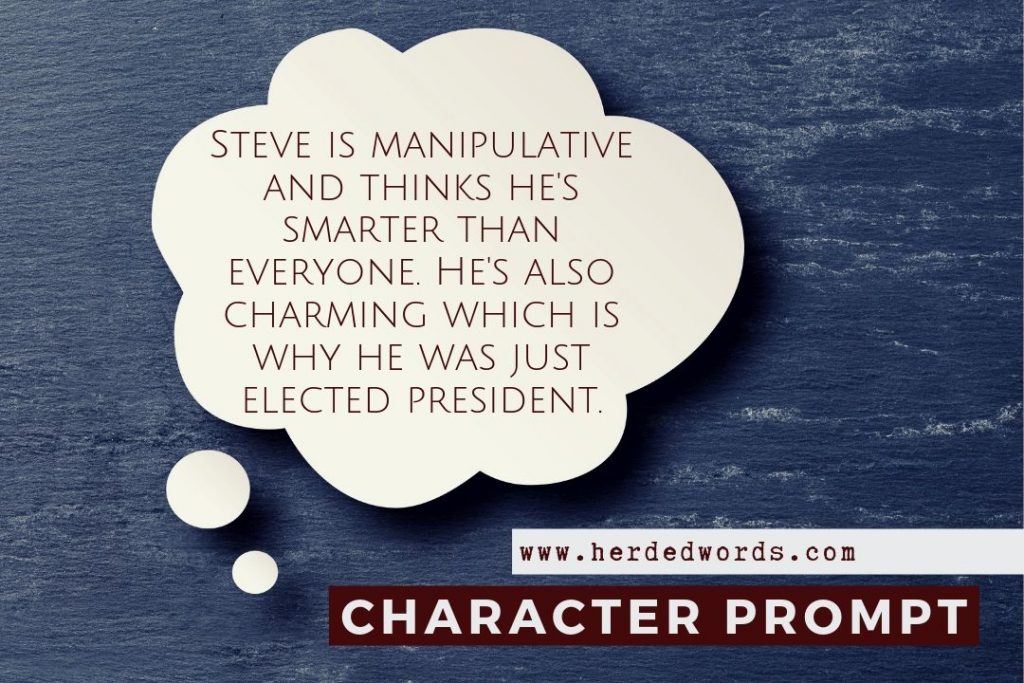 character writing prompt: Steve is manipulative and thinks he's smarter than everyone. He's also charming, which is why he was just elected president.