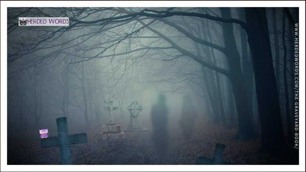 a graveyard with a couple of ghosts
