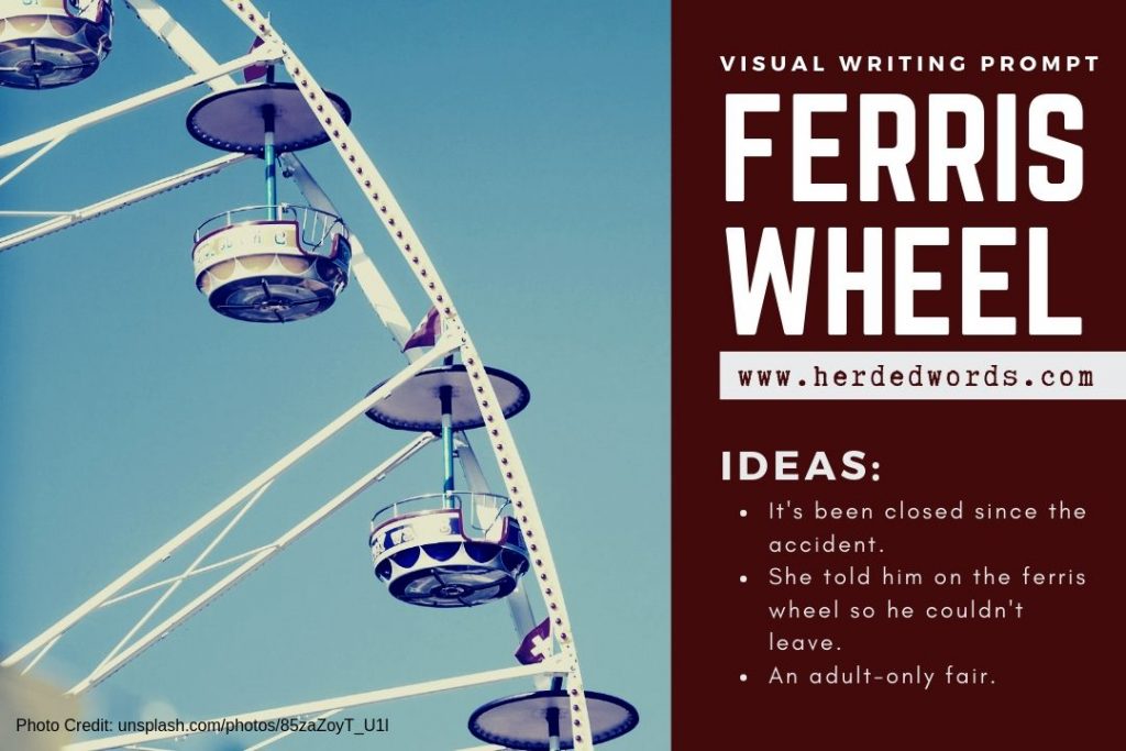 visual writing prompt: FERRIS WHEEL (a picture of 3 baskets of a ferris wheel