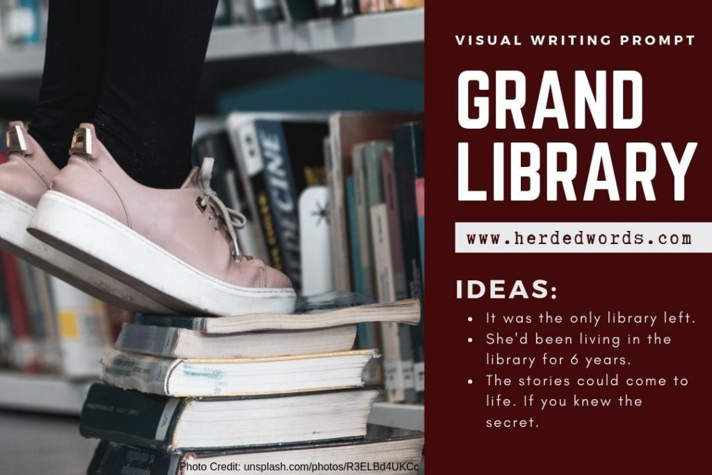 Visual writing prompt: grand library (a person stepping on some books at a library)