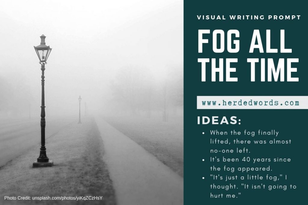 Visual Writing Prompt: FOG ALL THE TIME. A picture of a foggy sidewalk and lamp.