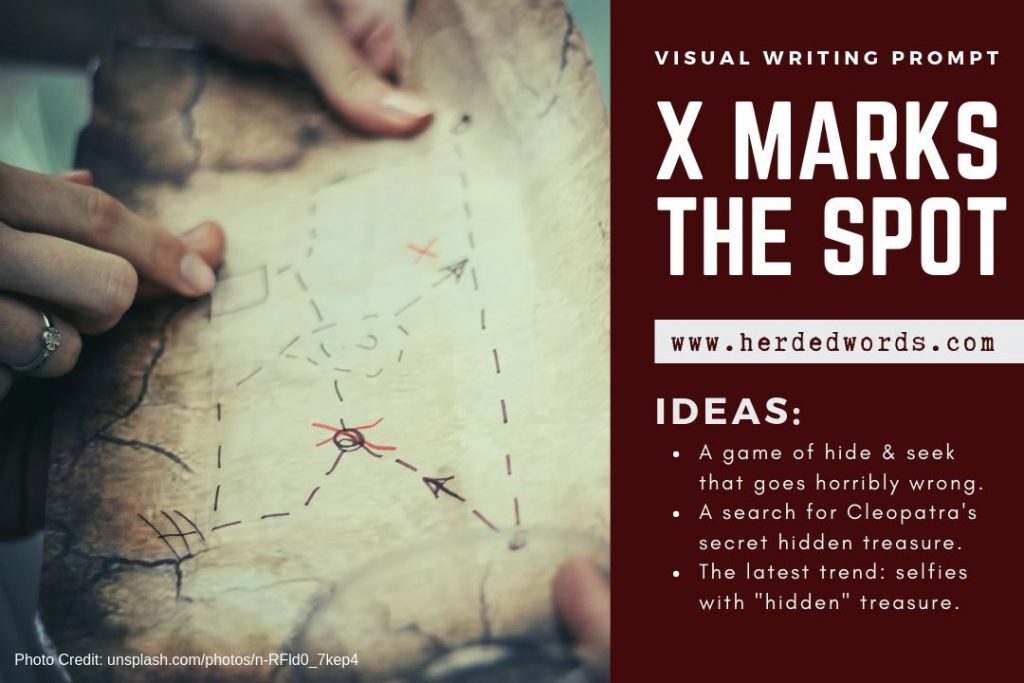 visual writing prompt: X MARKS THE SPOT. A picture of a hand-written map and some hands pointing at places.